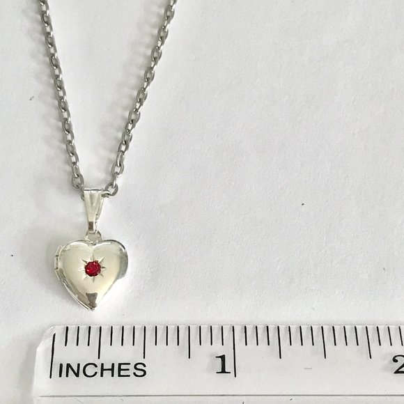 Vintage Silver Heart Locket Necklace Dainty Small Charm 18" Plated Red Stone - Picture 9 of 10